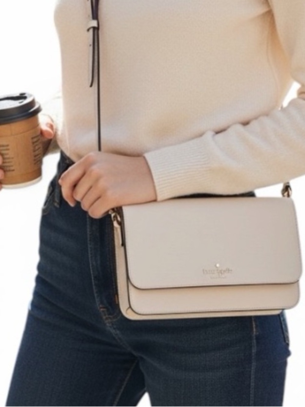 EUC  Kate Spade Small Cream Saffiano Flap Crossbody With Gold Hardware